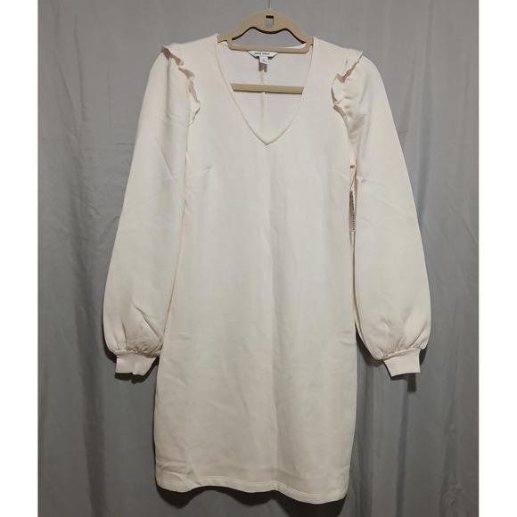 Nine West Cream V-Neck Ruffle Shoulder Long Sleeve Mini Dress XS Cotton Blend - Picture 2 of 8